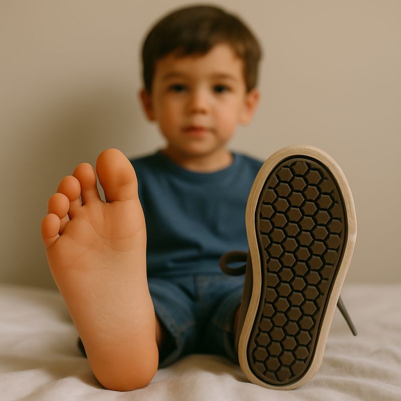 kid with one shoe on and one off